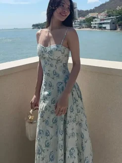 Vacation Dresses Maxi Sleeveless Floral Print Straps Neck Chic Green Dress