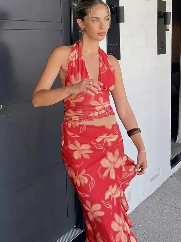 Vacation Dresses Maxi Sleeveless Floral Print Halter Casual Red Summer Dress