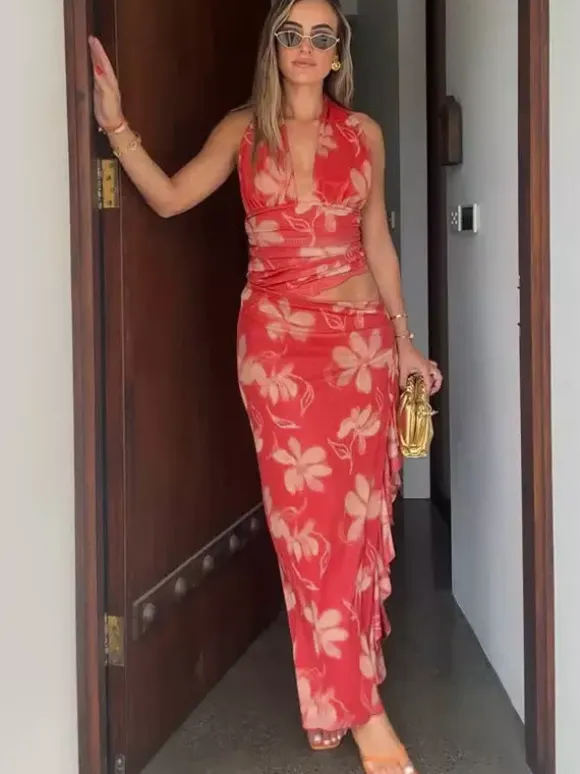 Vacation Dresses Maxi Sleeveless Floral Print Halter Casual Red Summer Dress