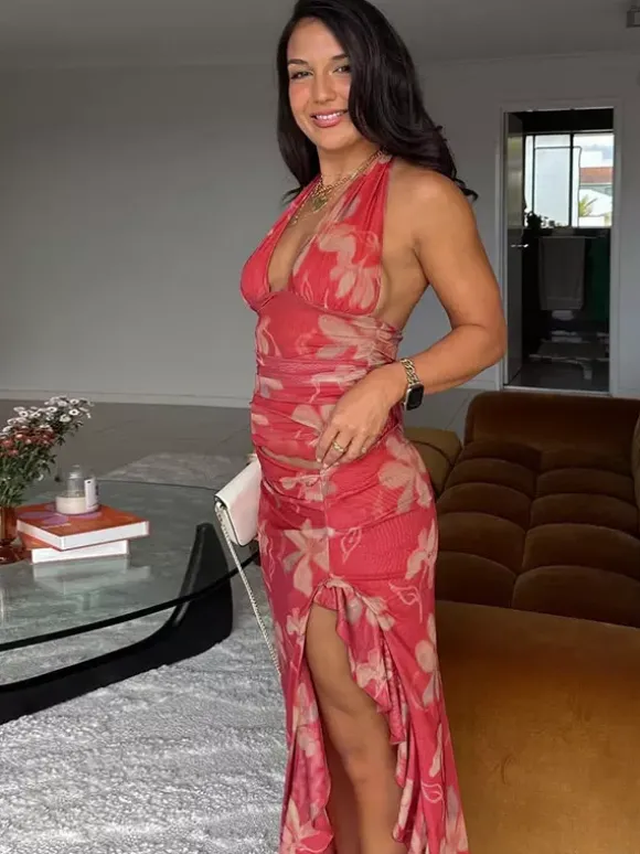 Vacation Dresses Maxi Sleeveless Floral Print Halter Casual Red Summer Dress