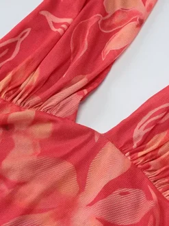 Vacation Dresses Maxi Sleeveless Floral Print Halter Casual Red Summer Dress