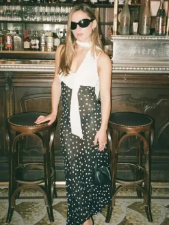 Vacation Dresses Maxi Sleeveless Polka Dot V-Neck Sexy Black Dress