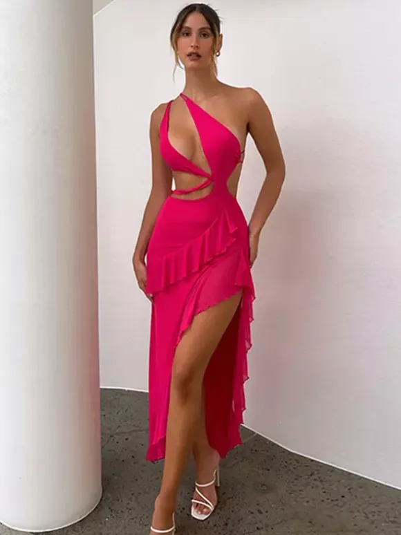 Vacation Dresses Midi Irregular Peplum Sleeveless Sexy Rose Dress