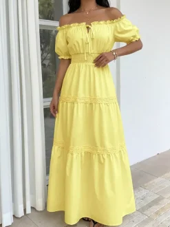 Vacation Dresses Midi Off The Shoulder Puff Sleeve Summer Beach Sundress