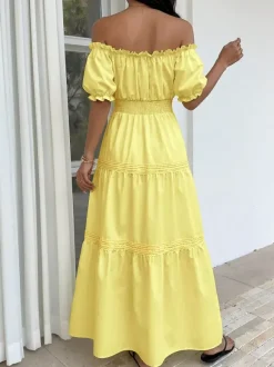Vacation Dresses Midi Off The Shoulder Puff Sleeve Summer Beach Sundress