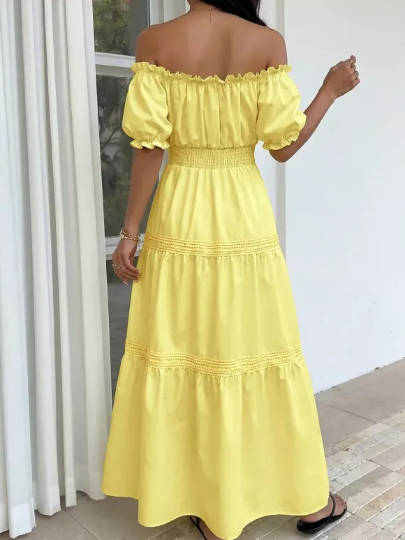 Vacation Dresses Midi Off The Shoulder Puff Sleeve Summer Beach Sundress