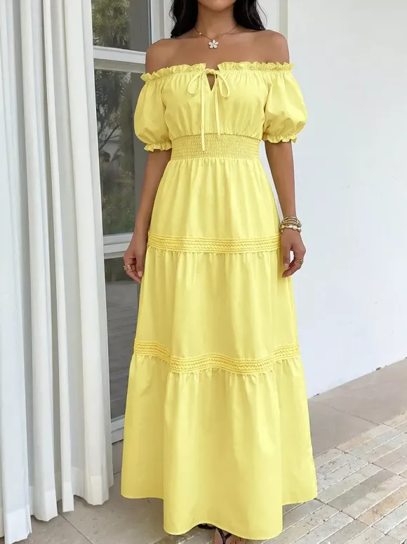 Vacation Dresses Midi Off The Shoulder Puff Sleeve Summer Beach Sundress