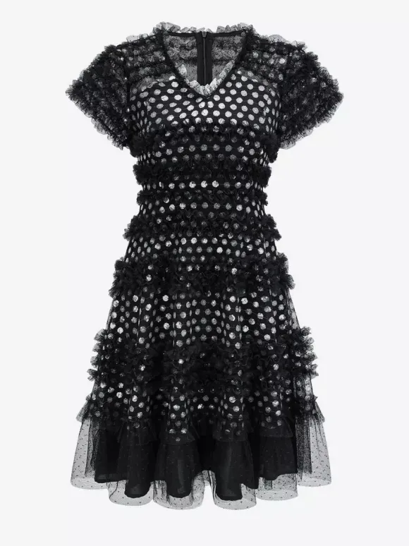 Vacation Dresses Midi Pleated Short Sleeves V-Neck Chic Black Dress