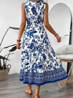Vacation Dresses Midi Sleeveless Strapless V-Neck Chic Deep Blue Summer Dress