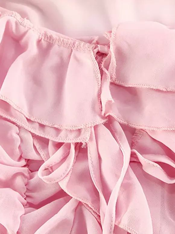 Vacation Dresses Mini Backless Ruffles Long Sleeves Off-The-Shoulder Chic Pink Dresses