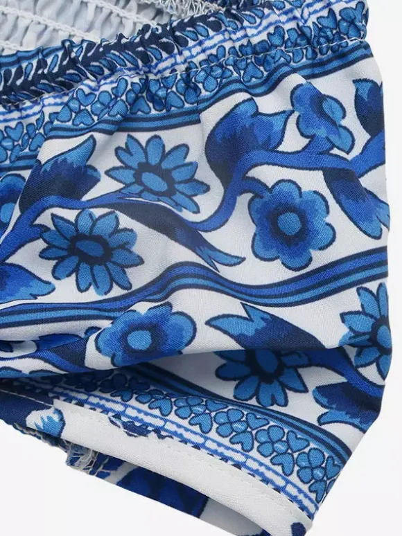 Vacation Dresses Mini Backless Cut Out Lace Up Sleeveless Floral Print Strapless Chic Blue Dress