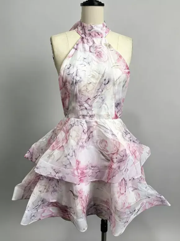 Vacation Dresses Mini Backless Flowers Ruffles Sleeveless Floral Print Halter Elegant Pink Dress