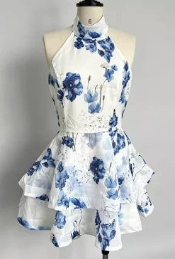 Vacation Dresses Mini Backless Flowers Ruffles Sleeveless Floral Print Halter Elegant Pink Dress