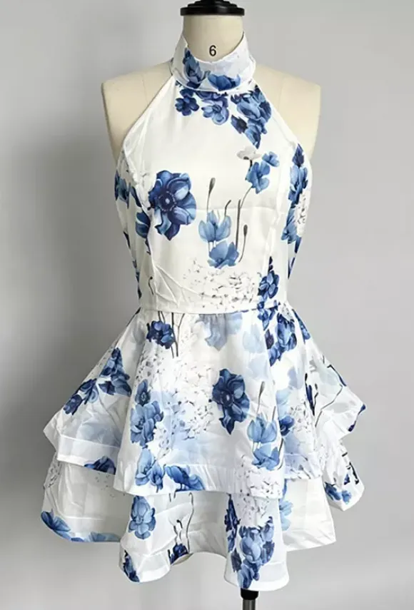 Vacation Dresses Mini Backless Flowers Ruffles Sleeveless Floral Print Halter Elegant Pink Dress