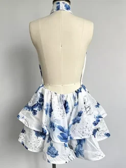 Vacation Dresses Mini Backless Flowers Ruffles Sleeveless Floral Print Halter Elegant Pink Dress