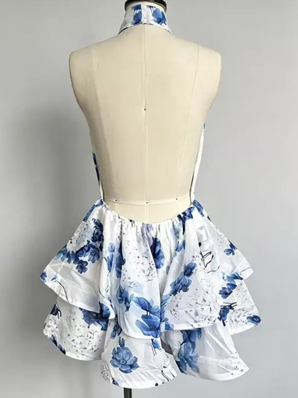 Vacation Dresses Mini Backless Flowers Ruffles Sleeveless Floral Print Halter Elegant Pink Dress