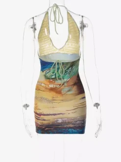 Vacation Dresses Mini Crochet Sleeveless Halter Sexy Yellow Dress