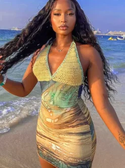 Vacation Dresses Mini Crochet Sleeveless Halter Sexy Yellow Dress