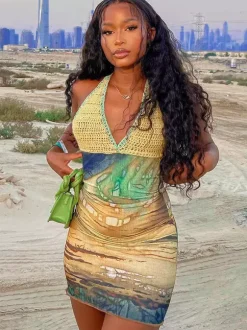 Vacation Dresses Mini Crochet Sleeveless Halter Sexy Yellow Dress