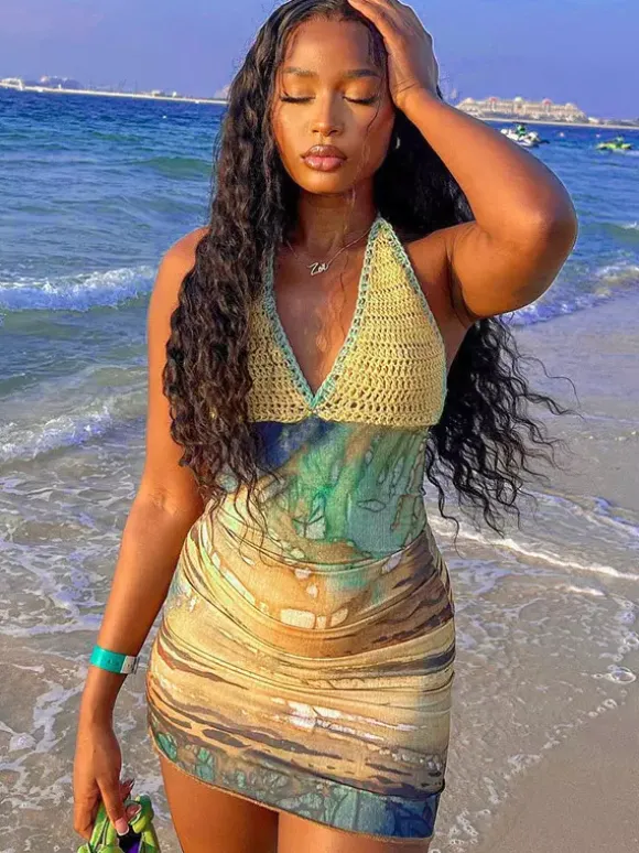Vacation Dresses Mini Crochet Sleeveless Halter Sexy Yellow Dress