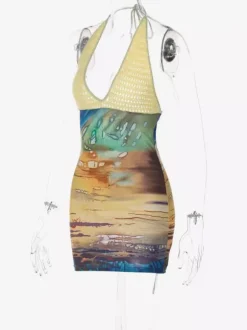 Vacation Dresses Mini Crochet Sleeveless Halter Sexy Yellow Dress