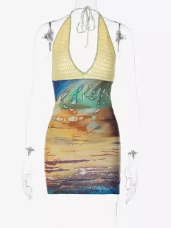 Vacation Dresses Mini Crochet Sleeveless Halter Sexy Yellow Dress