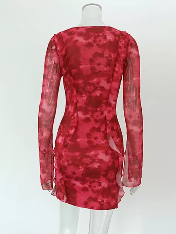 Vacation Dresses Mini Irregular Long Sleeves Geometric V-Neck Sexy Rose Dress