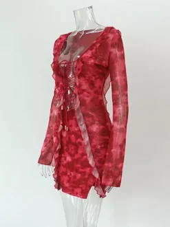 Vacation Dresses Mini Irregular Long Sleeves Geometric V-Neck Sexy Rose Dress