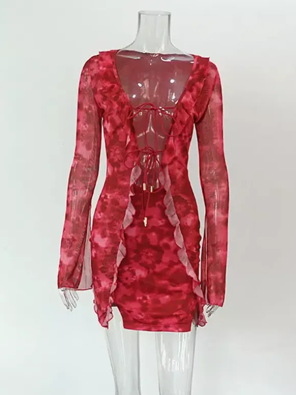 Vacation Dresses Mini Irregular Long Sleeves Geometric V-Neck Sexy Rose Dress