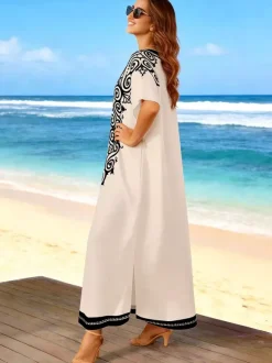Vacation Dresses Oversized Short Sleeves Printed V-Neck Casual White Dress
