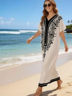 Vacation Dresses Oversized Short Sleeves Printed V-Neck Casual White Dress