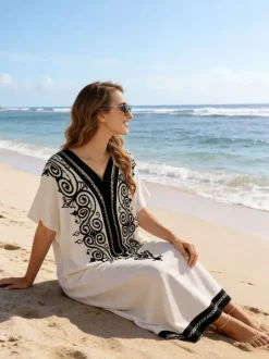 Vacation Dresses Oversized Short Sleeves Printed V-Neck Casual White Dress