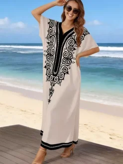 Vacation Dresses Oversized Short Sleeves Printed V-Neck Casual White Dress