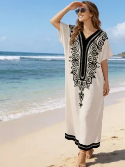 Vacation Dresses Oversized Short Sleeves Printed V-Neck Casual White Dress