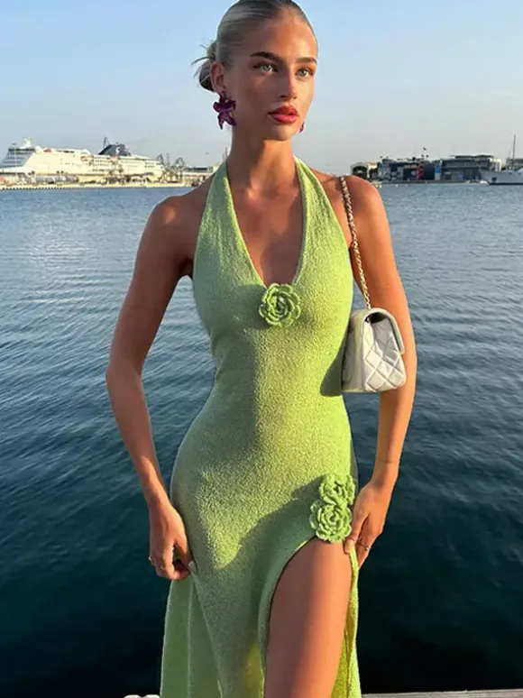 Vacation Dresses Shaping Backless Flowers Knitted Sleeveless V-Neck Sexy Apricot Dress