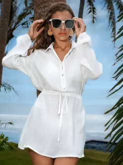 Vacation Dresses Shaping Buttons Long Sleeves Turndown Collar Chic White Dress