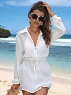 Vacation Dresses Shaping Buttons Long Sleeves Turndown Collar Chic White Dress