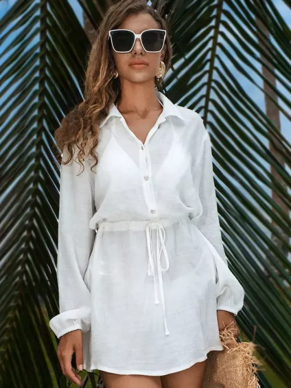 Vacation Dresses Shaping Buttons Long Sleeves Turndown Collar Chic White Dress