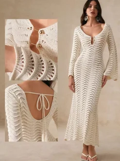 Vacation Dresses Shaping Cut Out Long Sleeves Scoop Neck Flared Sleeves Sexy Apricot Dress
