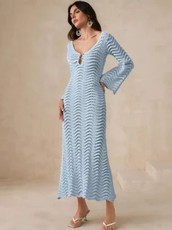 Vacation Dresses Shaping Cut Out Long Sleeves Scoop Neck Flared Sleeves Sexy Apricot Dress
