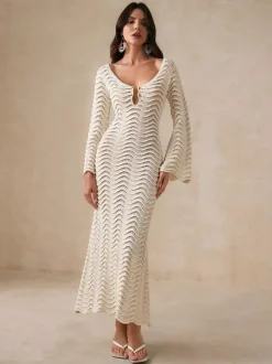 Vacation Dresses Shaping Cut Out Long Sleeves Scoop Neck Flared Sleeves Sexy Apricot Dress