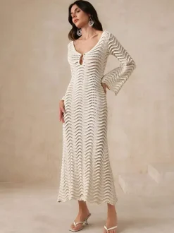 Vacation Dresses Shaping Cut Out Long Sleeves Scoop Neck Flared Sleeves Sexy Apricot Dress