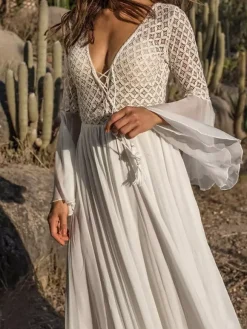 Vacation Dresses Shaping Ruffled Lace Cut Out Long Sleeves Flared Sleeves Athletic White Dress