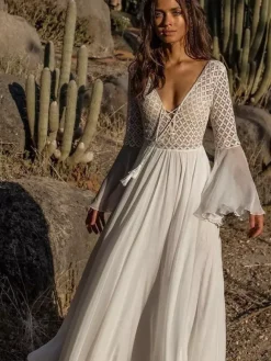 Vacation Dresses Shaping Ruffled Lace Cut Out Long Sleeves Flared Sleeves Athletic White Dress