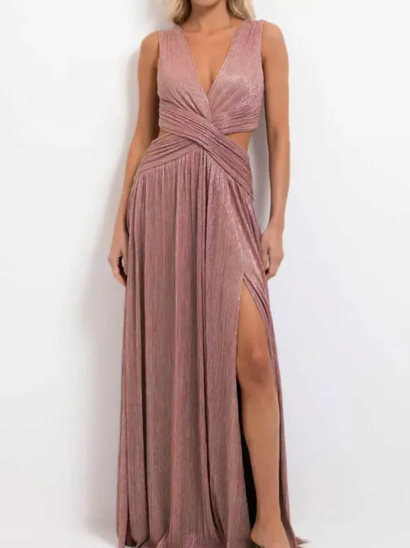 Vacation Dresses Sleeveless Deep V Cross Waist Cutout High Slit Shiny Pleated Maxi Gown