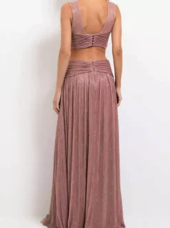 Vacation Dresses Sleeveless Deep V Cross Waist Cutout High Slit Shiny Pleated Maxi Gown