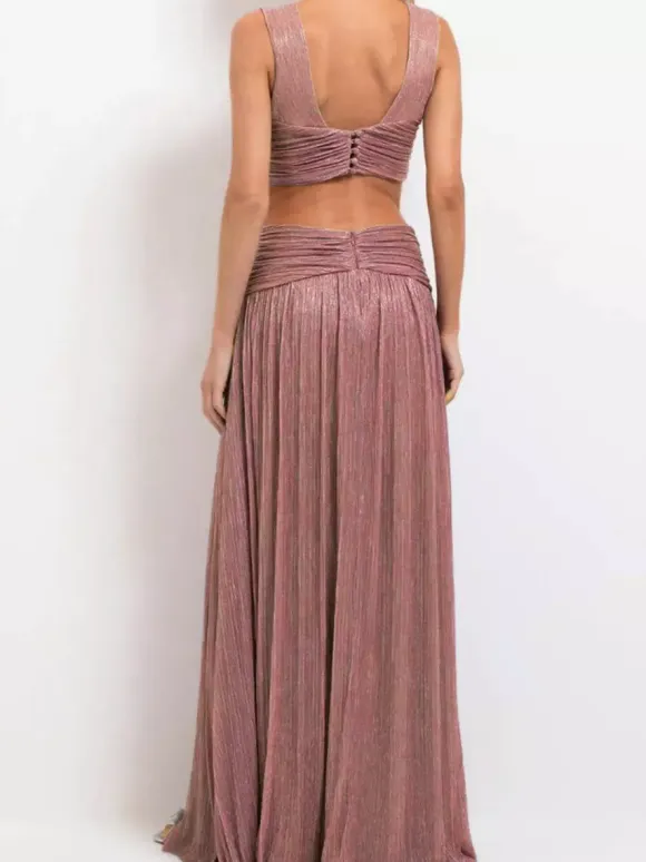 Vacation Dresses Sleeveless Deep V Cross Waist Cutout High Slit Shiny Pleated Maxi Gown