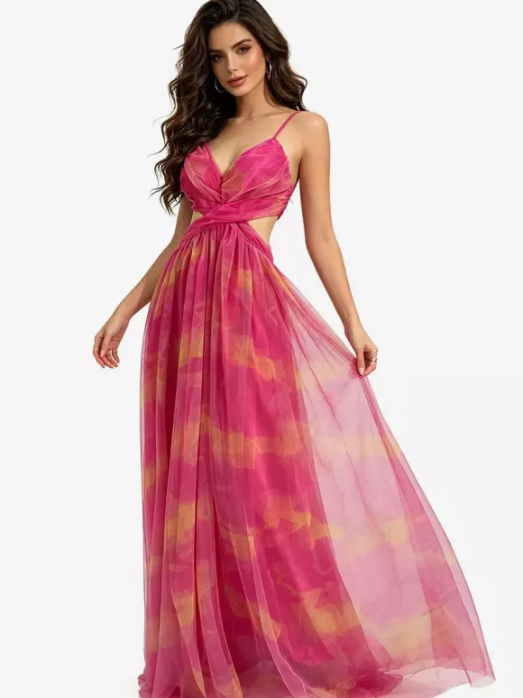 Vacation Dresses Spaghetti Strap Neck Elegant Orange Flowy Chiffon Maxi Party Dress