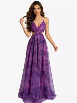 Vacation Dresses Spaghetti Strap Neck Elegant Orange Flowy Chiffon Maxi Party Dress