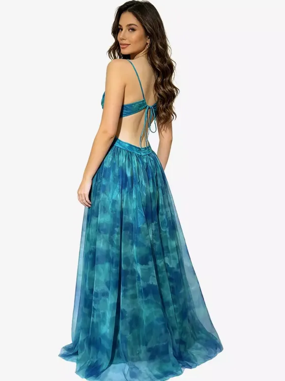 Vacation Dresses Spaghetti Strap Neck Elegant Orange Flowy Chiffon Maxi Party Dress